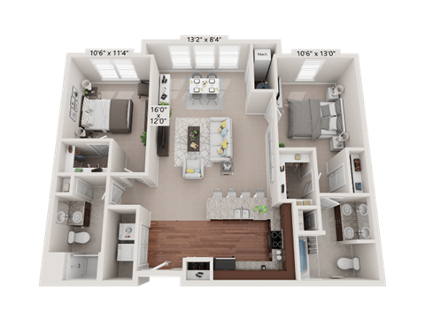 Floor plan for 2 beds, 2 baths, 1134 sqft
